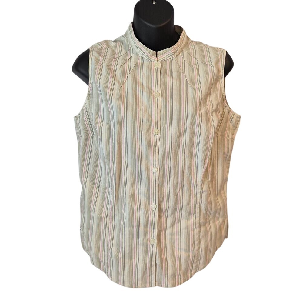 Dockers Womens Stain Defender Sleeveless Striped Button Up Shirt Khaki Pink L
